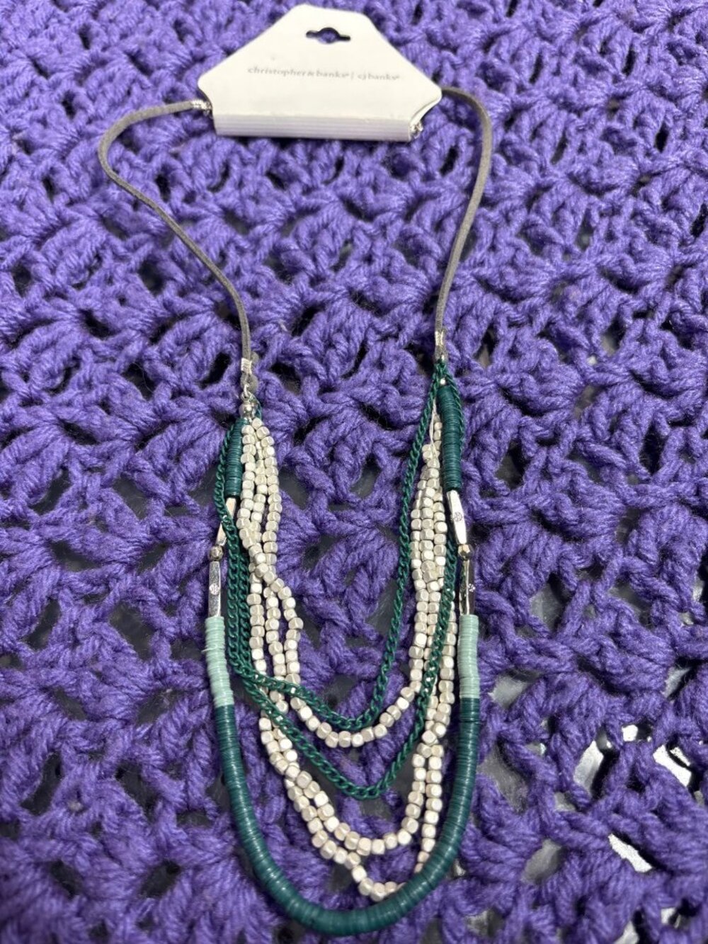 Christopher & Banks Multi Strand Beaded Necklace Silvertone Green New